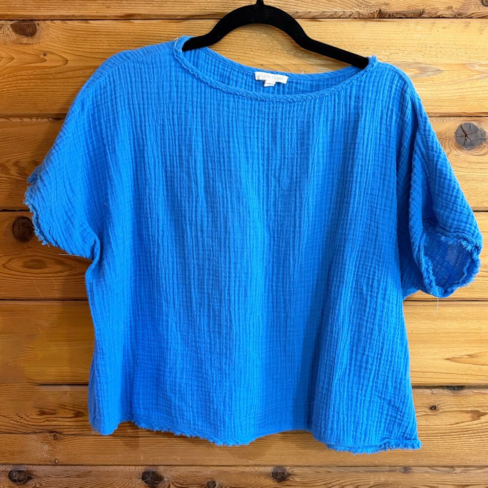 Eileen Fisher Organic Cotton Lofty Gauze Bateau Neck Top Blue Medium
